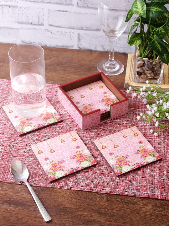Set Of 6 Pink & Yellow Digital Printed Square Wooden Coasters With Holder