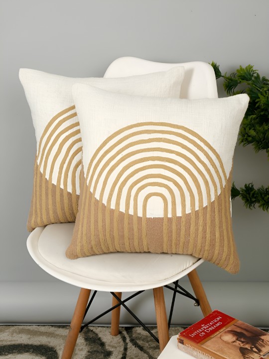 White & Brown 2 Pieces Abstract Cotton Square Cushion Covers