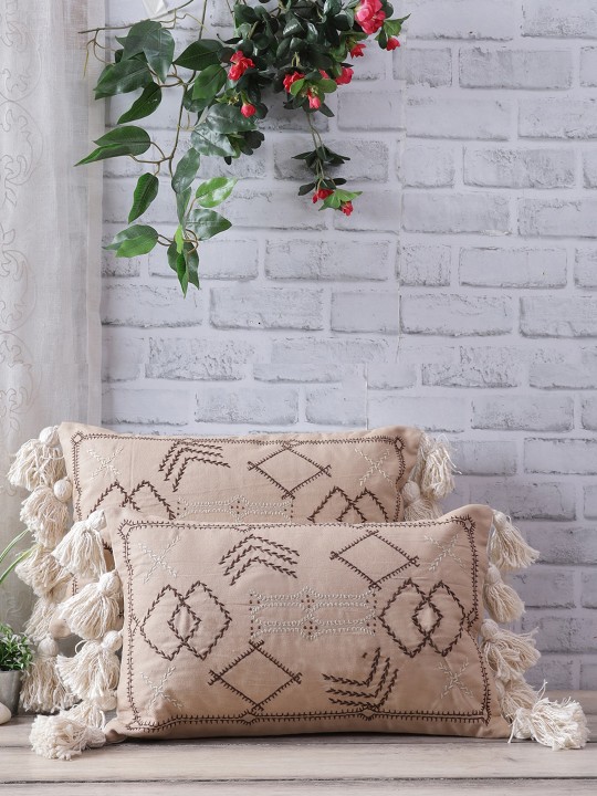Set of 2 Beige & Brown Embroidered Cotton Cushion Covers | Rectangle Throw Pillow Covers