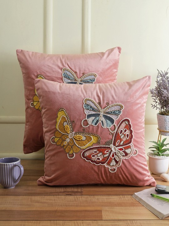 Pink & Yellow Velvet Embellished Cushion Covers | Set of 2 Square Pillow Covers