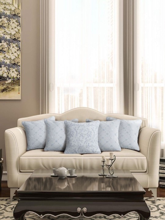 Turquoise Blue Floral Embroidered Cushion Covers | Set of 5 Square Pillow Covers