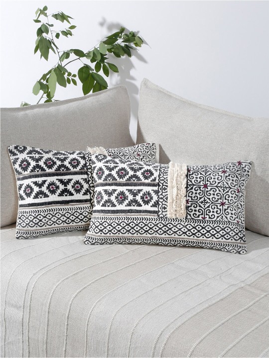 White & Black Printed Cotton Cushion Covers Set of 2 | Rectangular Lumbar Pillow Covers