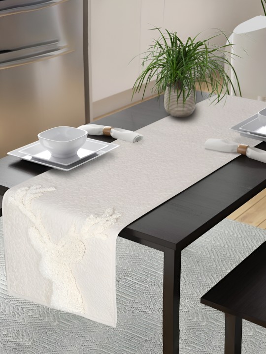 Cream Quilted Cotton Table Runner | Abstract Farmhouse Dining Decor