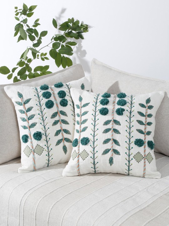 White & Green 2 Pieces Cotton Embroidered Square Cushion Covers