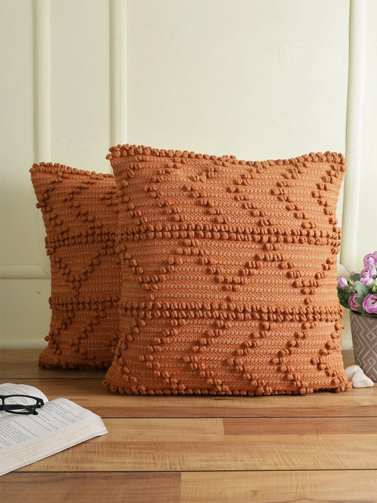 Rust Self Design Cotton Cushion Covers | Set of 2 Square Pillow Covers