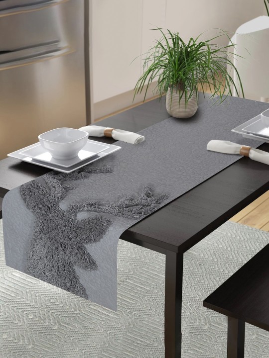 Grey Tufted Pure Cotton Rectangular Table Runner