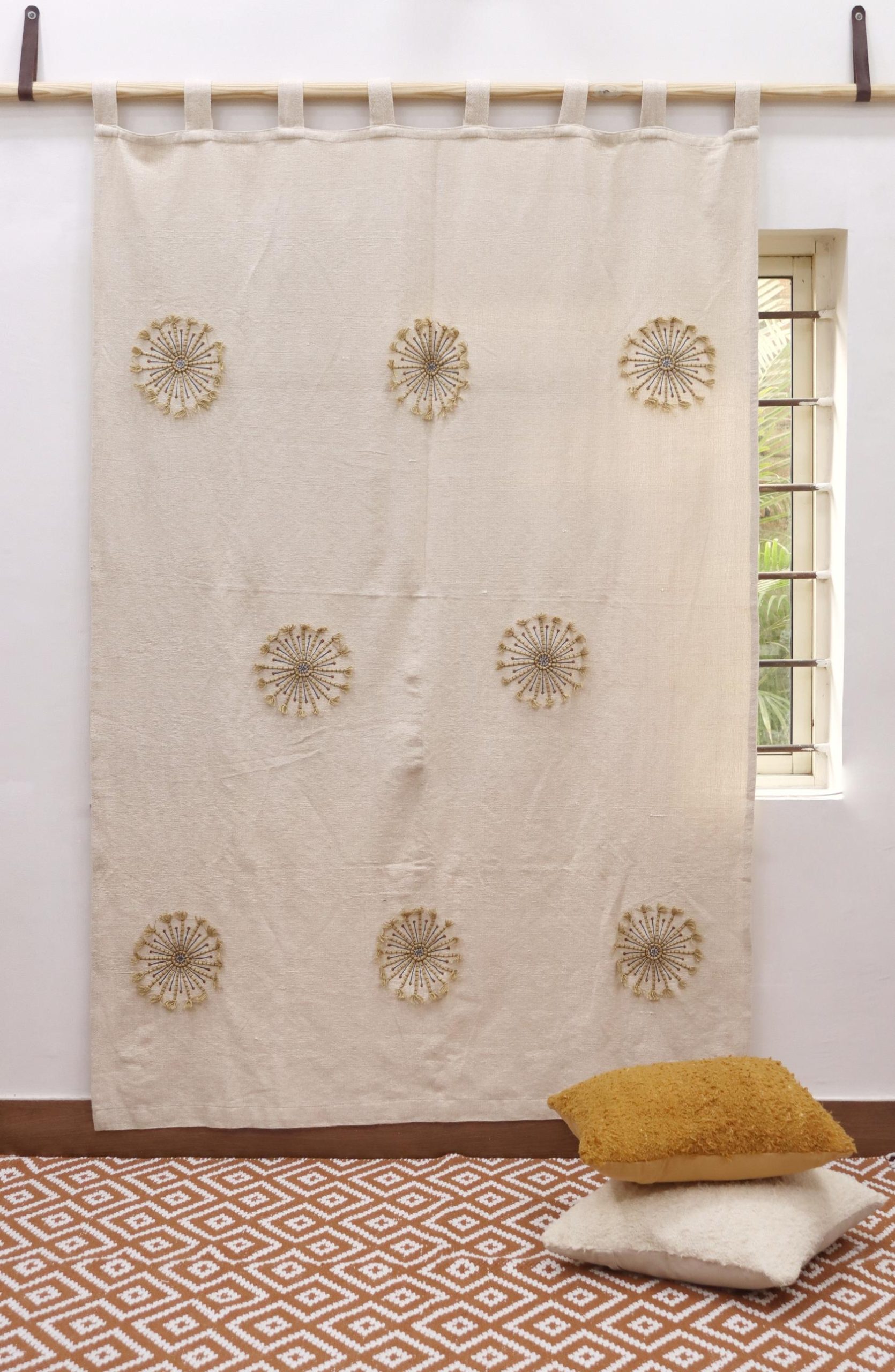 Sand Beige Star Brust Hand Embroidered Curtain | Textured Linen Cotton Drapes | Beige Embroidered Curtains for Living Room & Bedroom