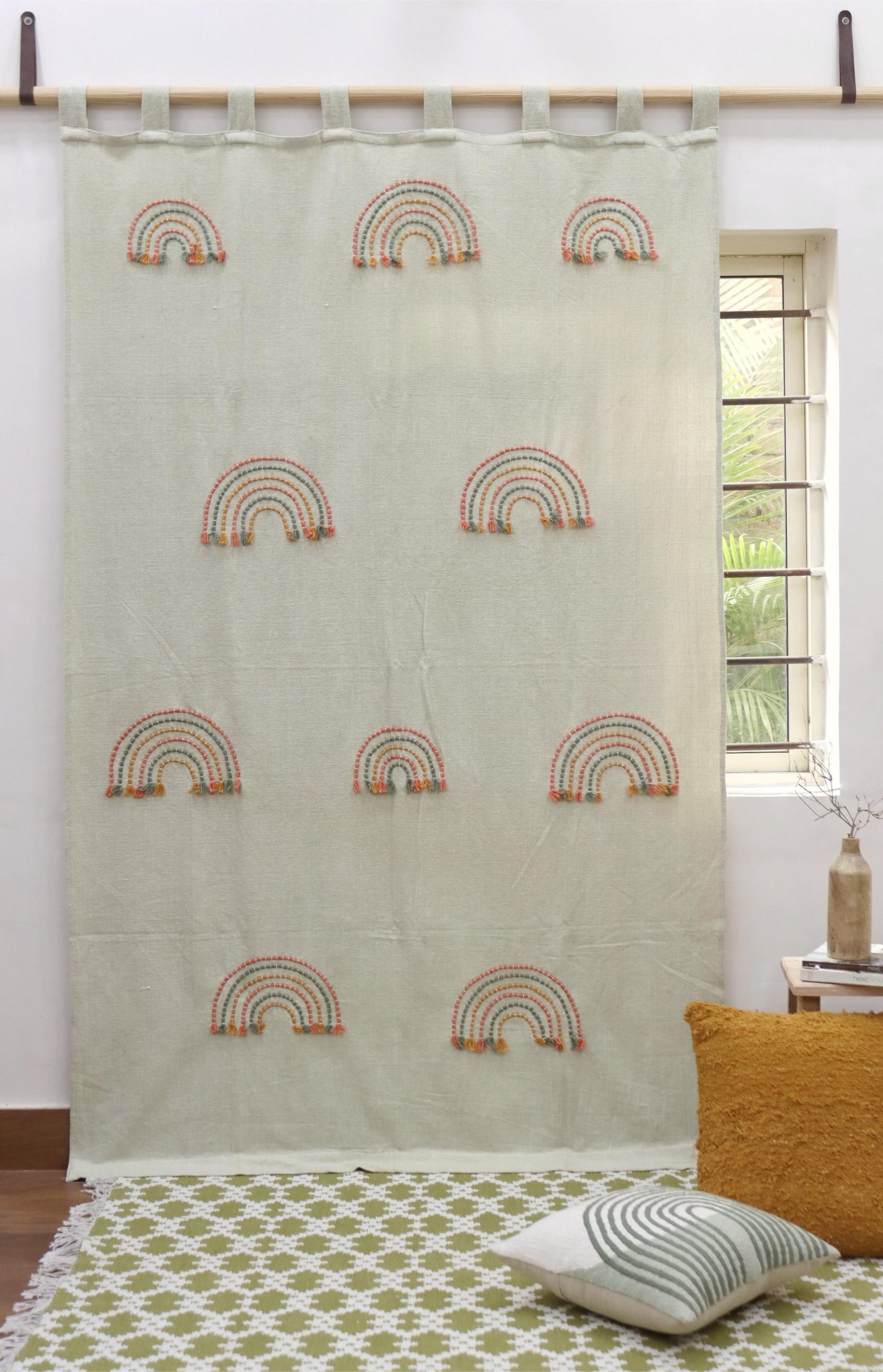Multi Coloured Hand Embroidered Rainbow Curtain | Multicolour Cotton Curtain Panels | Boho Rainbow Curtains for Living Room & Bedroom