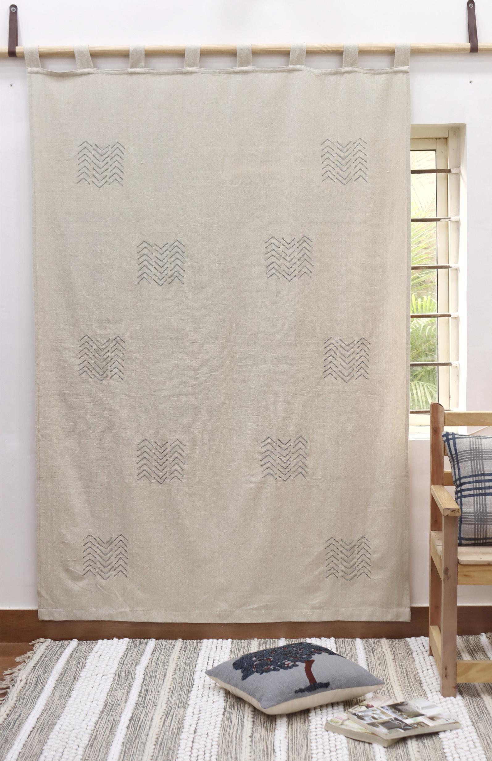 Boho Hand Embroidered Arrow Curtain | Cream Linen Cotton Curtain Panels | Boho Curtains for Living Room & Bedroom