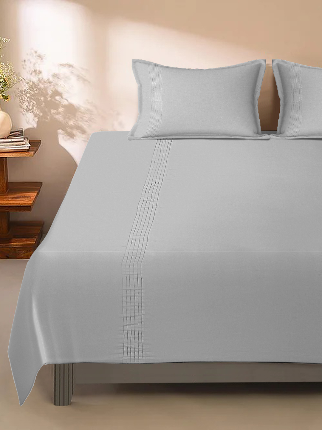Grey Pleated Cotton Duvet Cover with 2 Pillow Covers | Hand-Embroidered Cotton Bedding Set