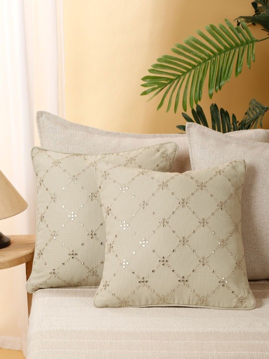 Beige Embellished Cushion Covers | 2 Piece Square Set for Sofa & Bed