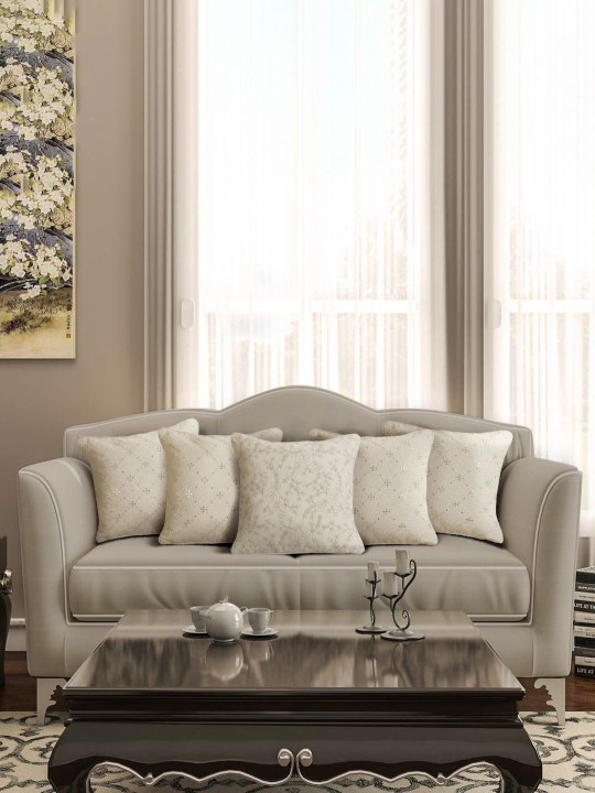 Beige Floral Mirror Work Cushion Covers | Set of 5 Square Pillow Covers