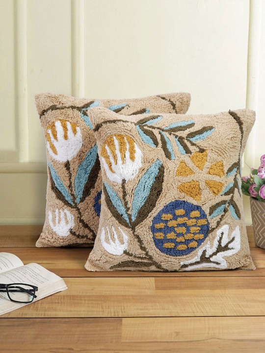Beige & Blue 2-Pieces Self-Designed Pure Cotton Square Cushion Covers
