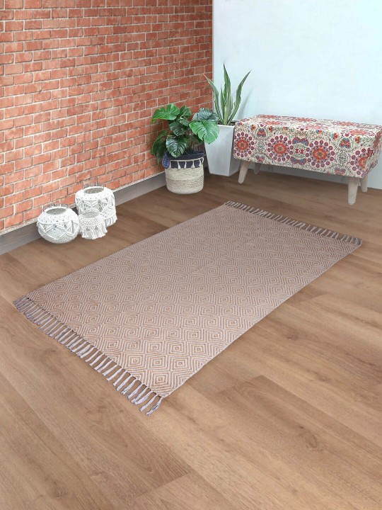 Beige Geometric Patterned Cotton Rug