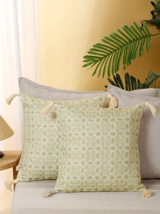 Beige & Green Geometric Embroidered Linen Cushion Covers | Set of 2 | Linen Square Pillow Covers