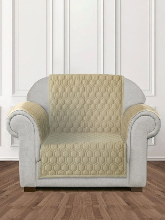 Beige Honey Comb Quilted Velvet 1 Seater Anti Skid Sofa Cover with 2 pcs Hand Rest