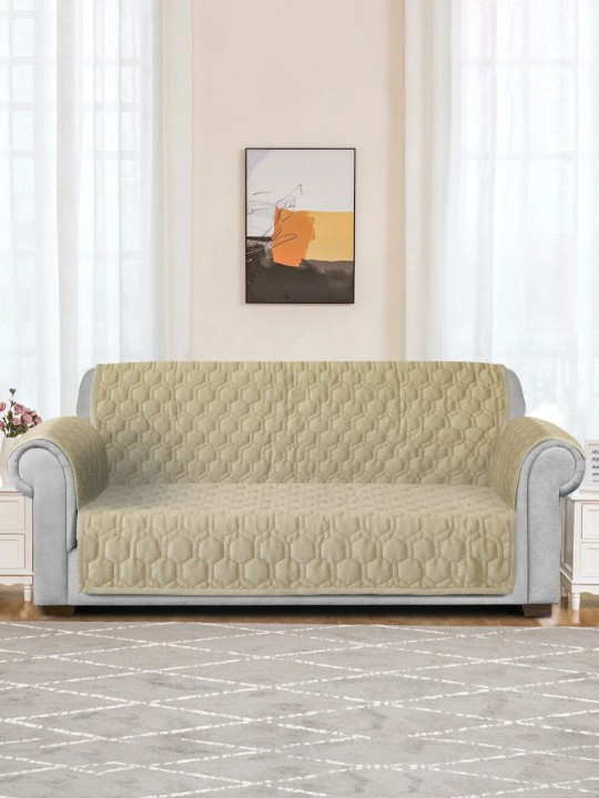Beige Honey Comb Quilted Velvet 2 Seater Anti Skid Sofa Cover with 2 pcs Hand Rest