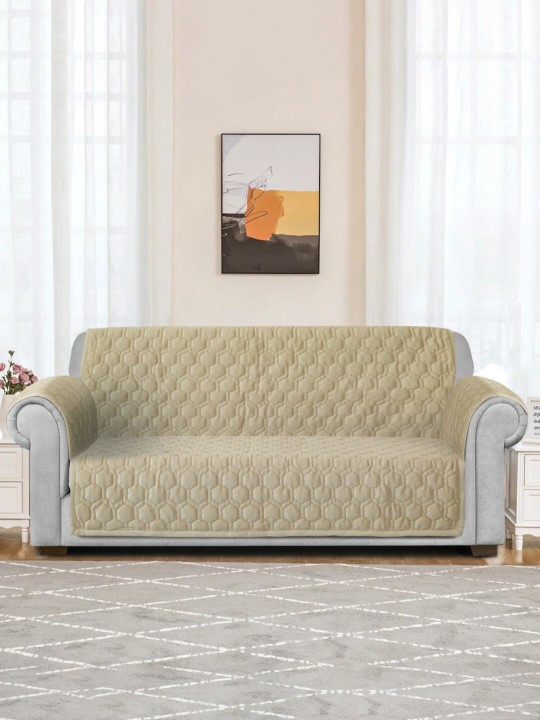 Beige Honey Comb Quilted Velvet 3 Seater Anti Skid Sofa Cover with 2 pcs Hand Rest