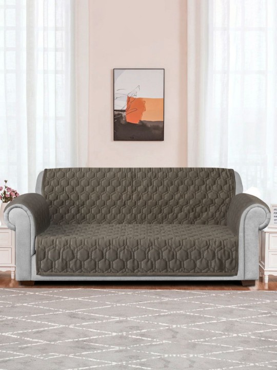 Brown Honey Comb Quilted Velvet 2 Seater Anti Skid Sofa Cover with 2 pcs Hand Rest