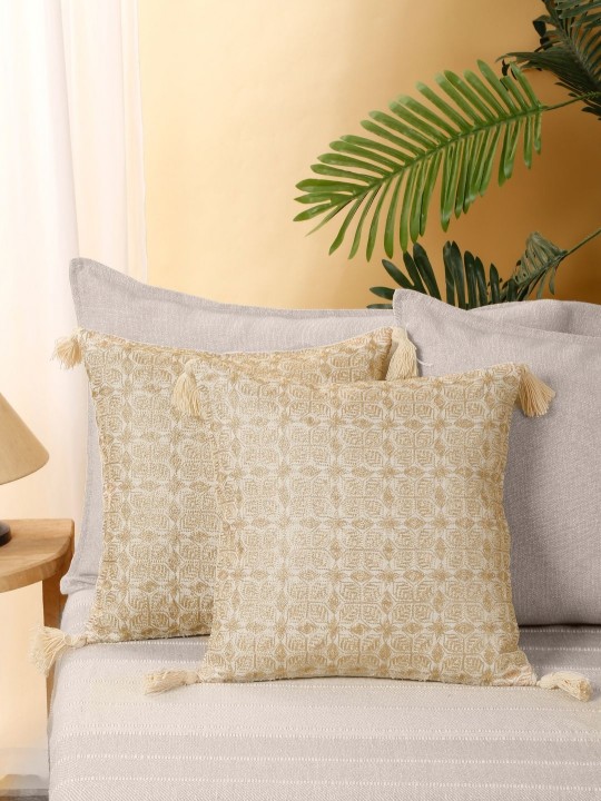 Beige & White Embroidered Cushion Covers | Set of 2 | Square Poly Linen Pillow Covers