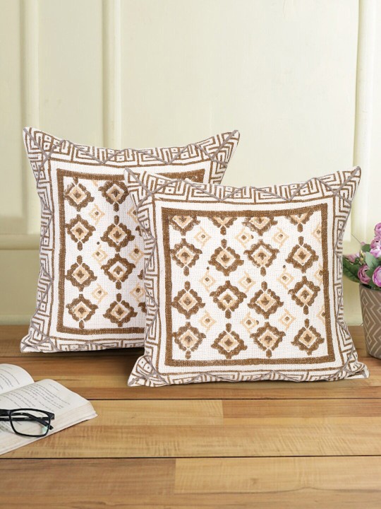 Cream-Coloured & Brown 2 Pieces Cotton Ethnic Motifs Square Cushion Covers