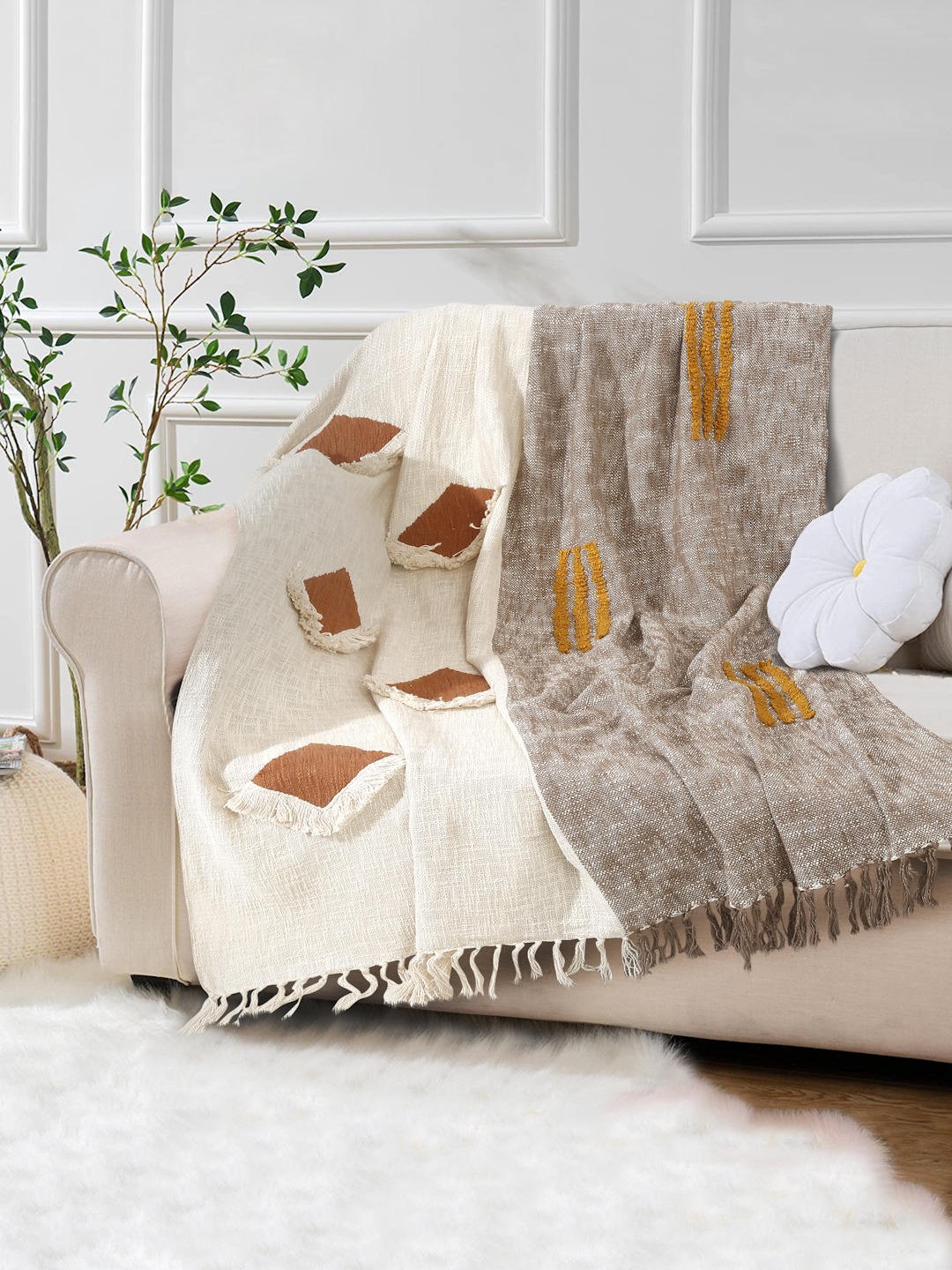 Handloom Weaved Cotton Boucle Sofa Throw | Cream Boucle Blanket | Decorative Handwoven Throw Blanket