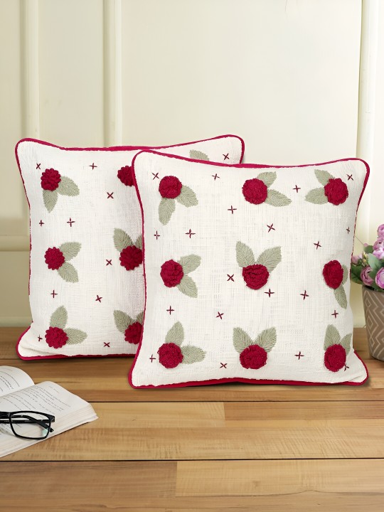 Fuchsia & White Embroidered Cotton Cushion Covers | Set of 2 Square Pillow Covers