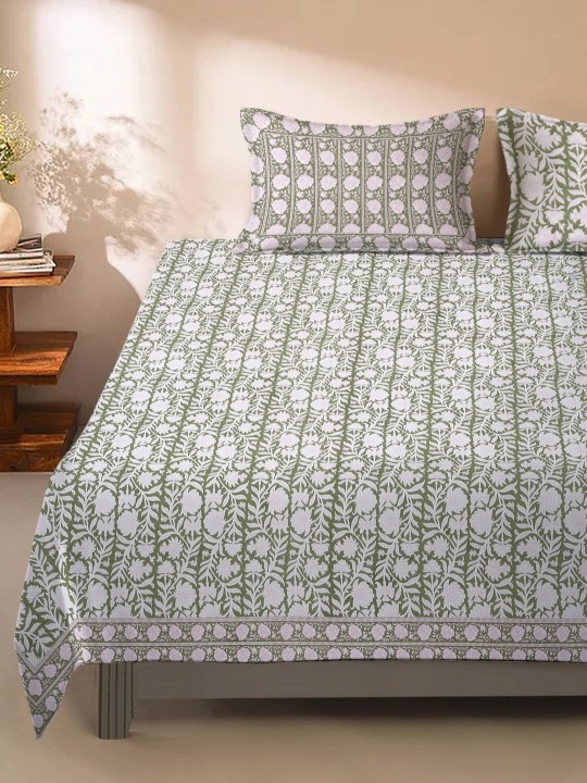 Green & Pink Floral 180 TC King Bedsheet with 2 Pillow Covers