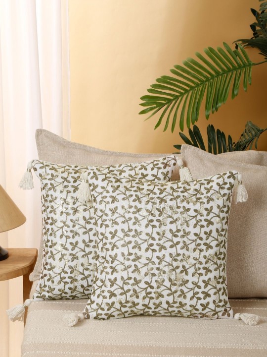 Green & White Floral Embroidered Cushion Covers | 2 Piece Set for Home Decor
