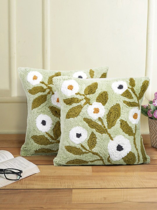 Green & White 2-Pieces Floral Pure Cotton Square Cushion Covers