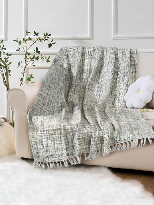 Green & White Woven Design Cotton Sofa Throw Blanket