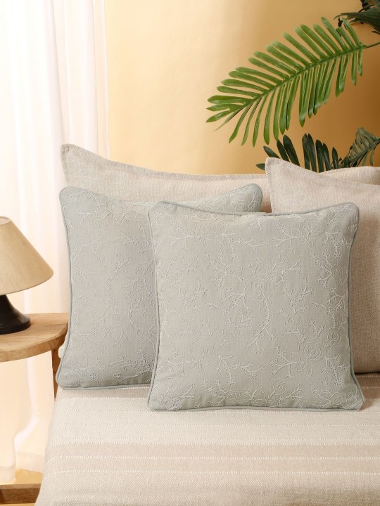 Grey 2 Pieces Embroidered Cushion Covers