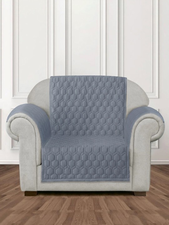 Grey Honey Comb Quilted Velvet 1 Seater Anti Skid Sofa Cover with 2 pcs Hand Rest
