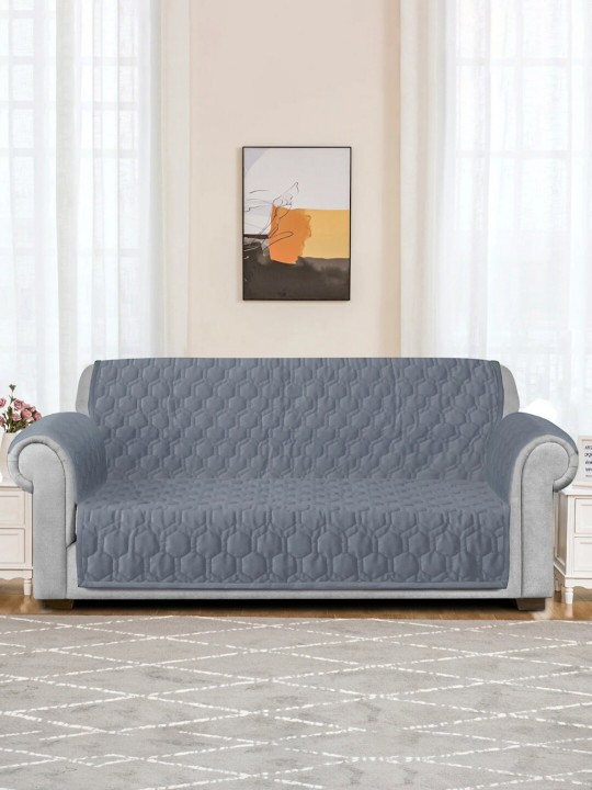 Grey Honey Comb Quilted Velvet 2 Seater Anti Skid Sofa Cover with 2 pcs Hand Rest