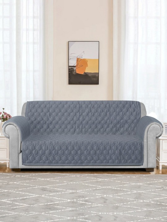 Grey Honey Comb Quilted Velvet 3 Seater Anti Skid Sofa Cover with 2 pcs Hand Rest