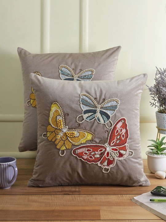 Grey & Red Set of 2 Embellished Velvet Square Cushion Covers