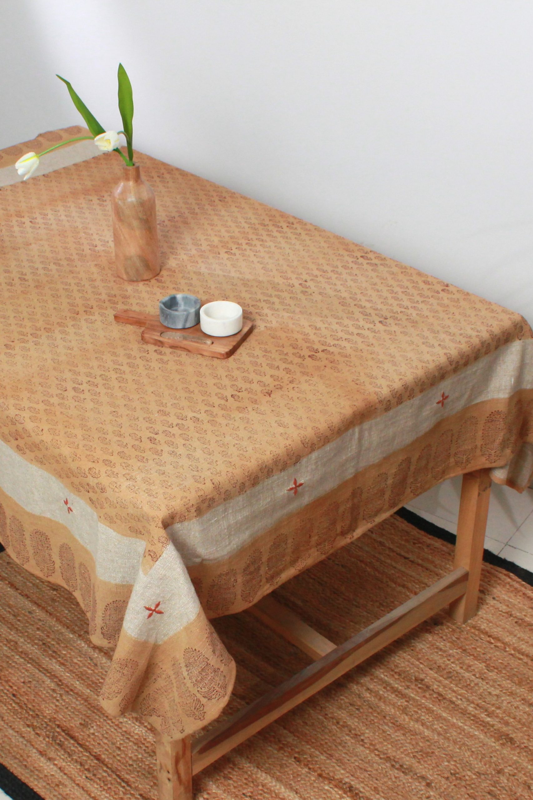 Hand Block Printed Linen Blend Tablecloth | Peach Floral Rectangle Table Cover | Indian Artisan Dining Table Linen with Gift