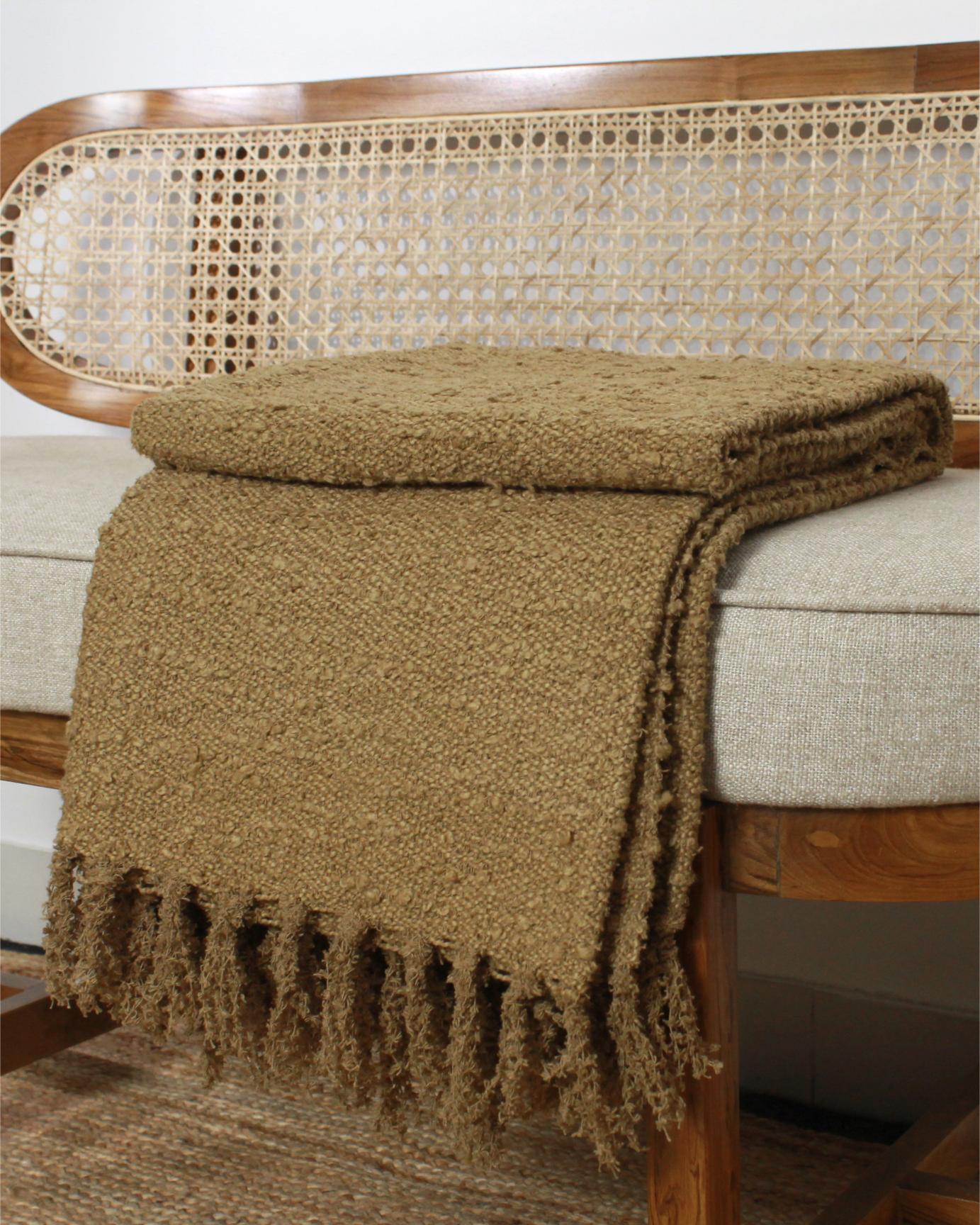 Brown Handloom Weaved Cotton Boucle Sofa Throw | Thick Handwoven Blanket | Decorative Eco-Friendly Couch Throw