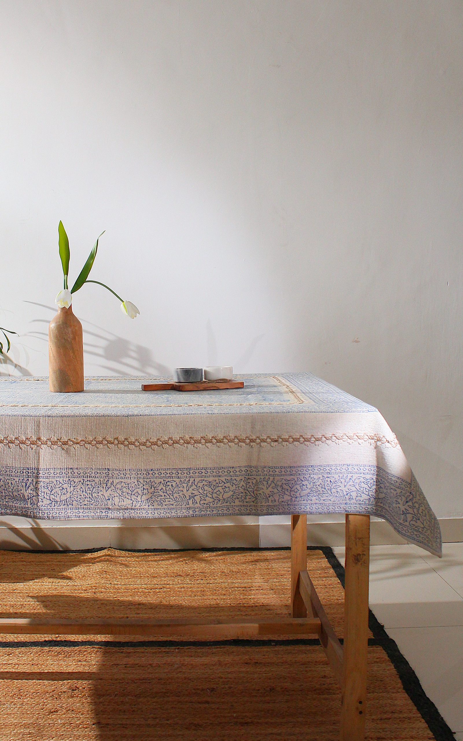 Hand Block Printed Linen Tablecloth | Blue Floral Table Cover Rectangle | Indian Artisan Dining Table Linen with Gift