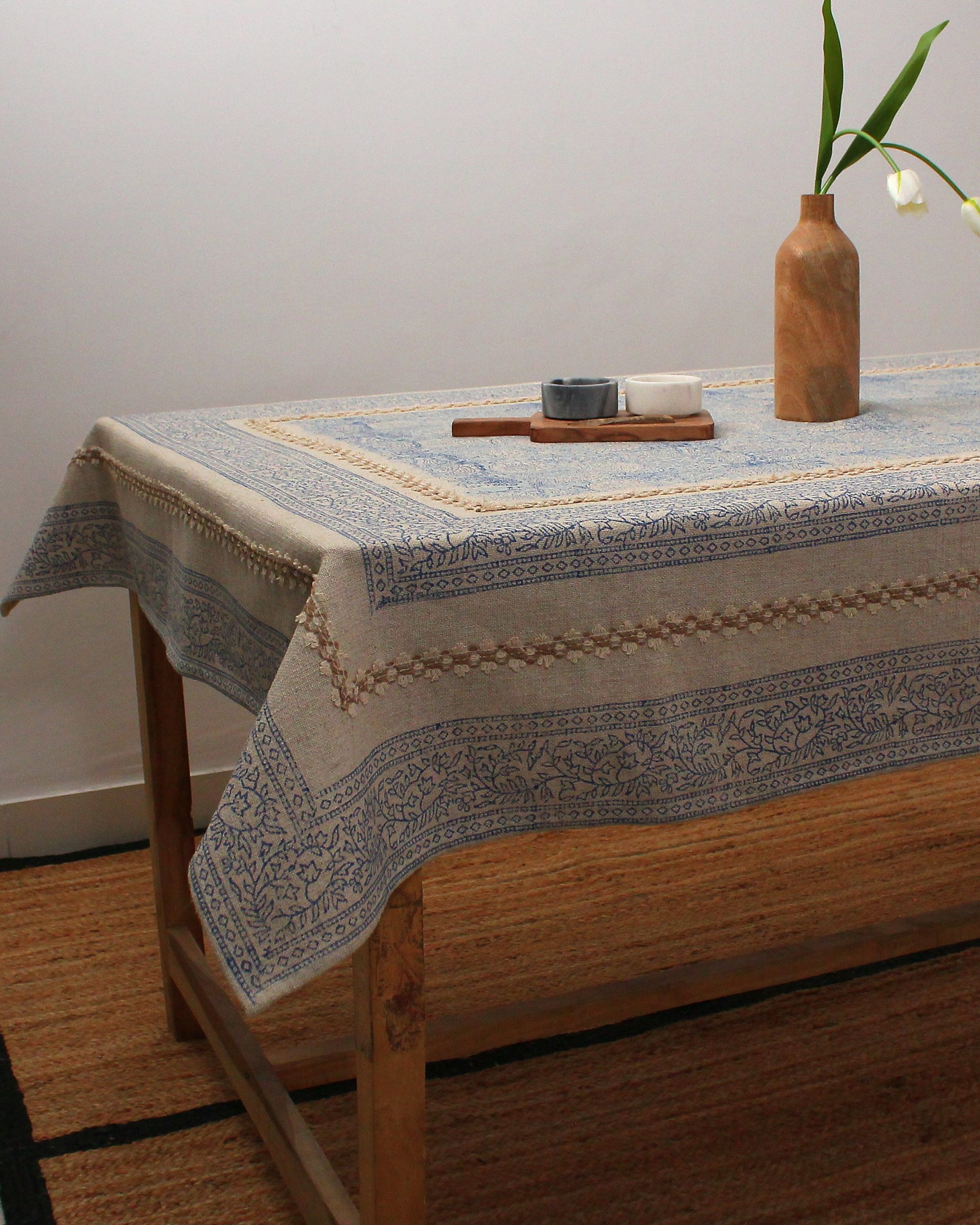Hand Block Printed Linen Tablecloth | Blue Floral Table Cover Rectangle | Indian Artisan Dining Table Linen with Gift