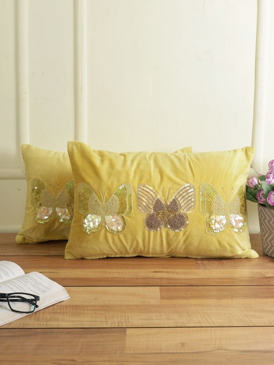 Yellow Velvet Embellished Cushion Covers | Set of 2 Rectangle Pillow Covers