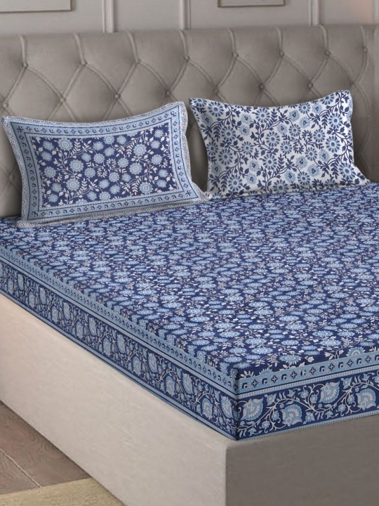 Mausam Blue Floral Pure Cotton 180 TC King Fine Bedsheet with 2 Pillow Covers-250 x 270 cm