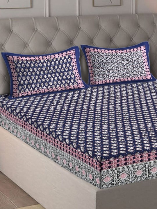 Navy Blue & Pink Floral 180 TC King Bedsheet with 2 Pillow Covers