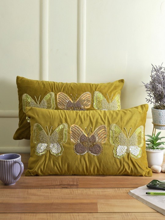 Olive Green Embellished Velvet Cushion Covers | Set of 2 Rectangle Pillow Covers