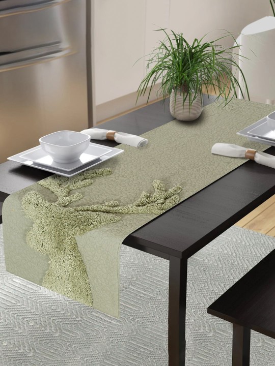 Olive Green Tufted Pure Cotton Rectangular Table Runner