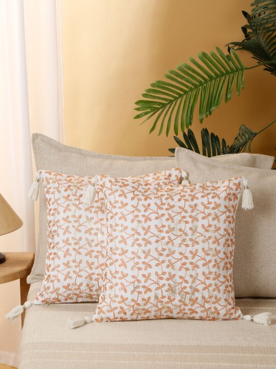 Orange Embroidered Cushion Covers | 2 Piece Square Floral Pillow Covers