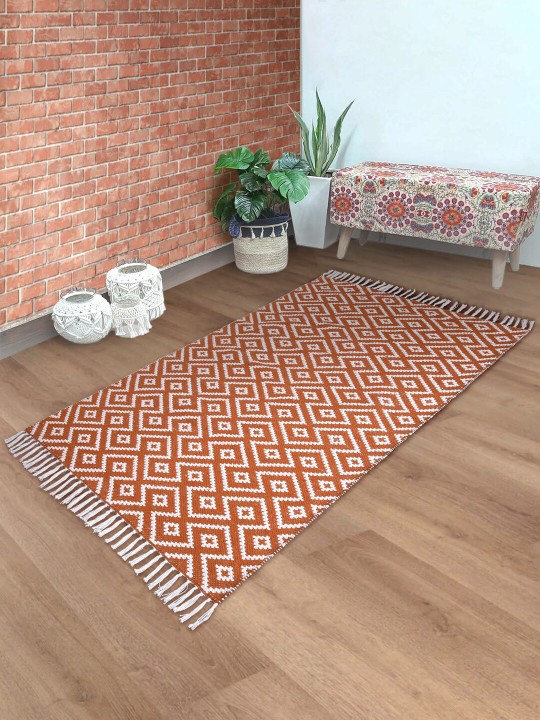 Rust-Brown & White Woven Pure Cotton Anti-Skid Carpet