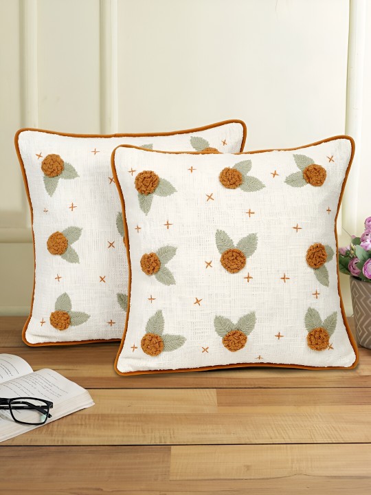 Rust & Green Embroidered Cotton Cushion Covers | Set of 2 Square Pillow Covers