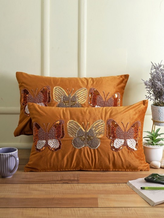 Rust & White Embellished Velvet Cushion Covers | Set of 2 Rectangle Pillow Covers