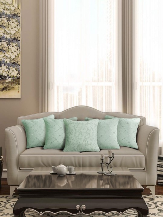 Sea Green Mirror Work Cushion Covers | Set of 5 Square Pillow Covers